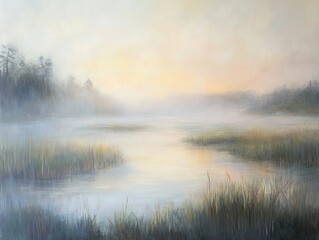 Obraz premium Oil painting depicting a misty wetland at dawn showcasing the serene beauty of the landscape