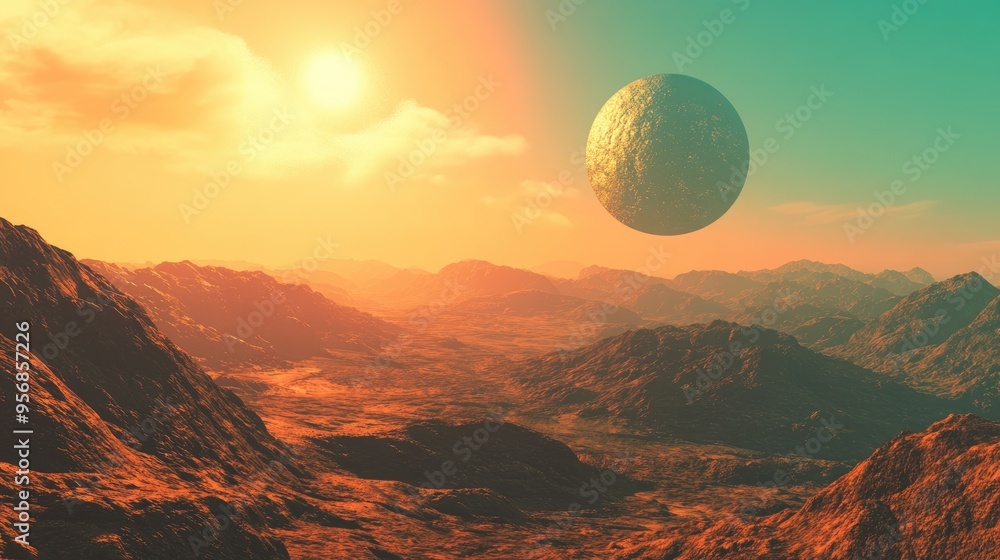 Aufkleber beautiful view from an exoplanet captured in 3d cartoon rendering showcasing a fantastic landscape o