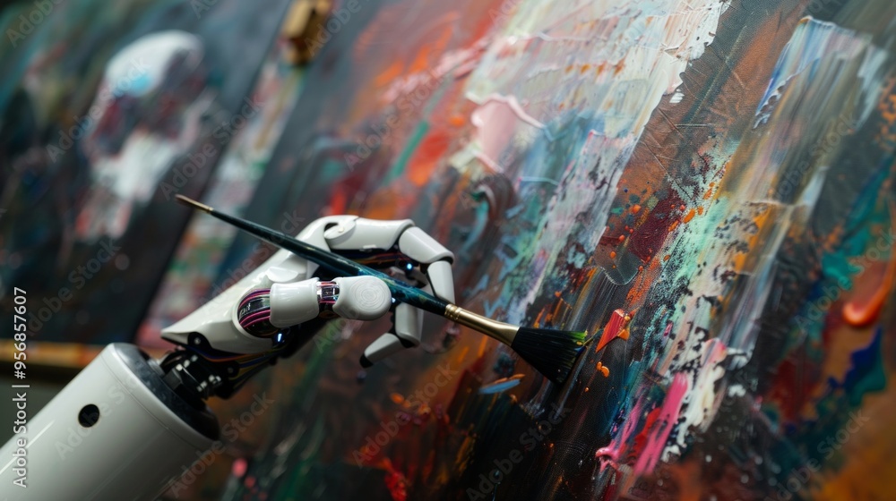 Aufkleber a robotic arm uses a paintbrush to create vibrant art on a canvas against a digital interface showca