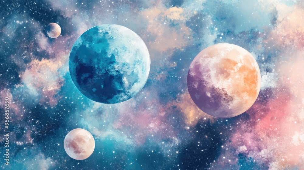 Poster watercolor illustration created by hand featuring abstractly drawn planets and space presented in a 