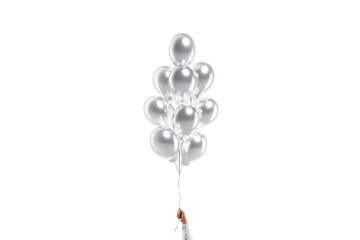 Hand holding blank silver pear balloon bouquet mockup, isolated