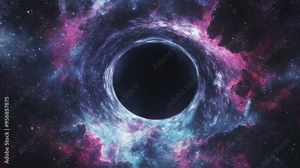 Poster 3d illustration of a cartoon rendering featuring an imaginary black hole in a deep space star field