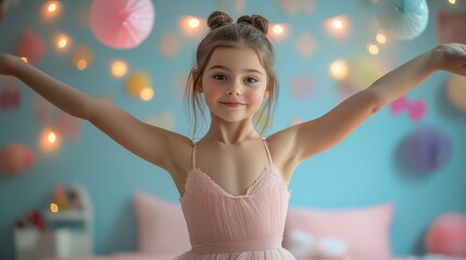 Naklejka premium A young girl practicing ballet in her bedroom, standing on pointe with determination and grace, surrounded by childhood decorations.