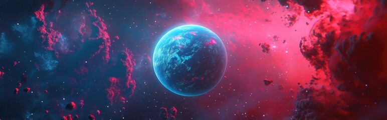3D cartoon depiction of a small blue planet in deep space