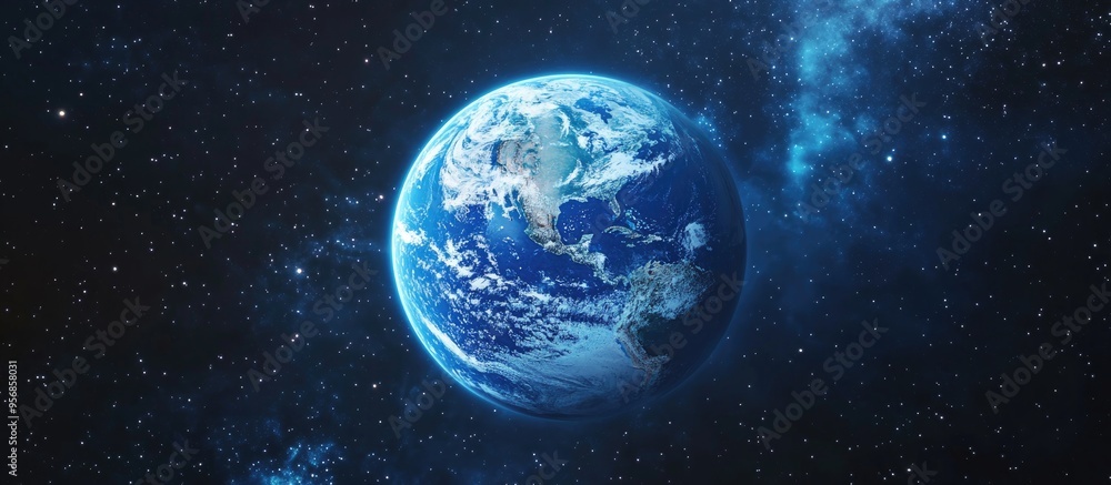 Poster amazing blue planet earth with continents oceans and clouds in open space against a starry sky rende