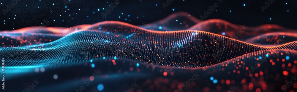 Poster 3D illustration of an abstract landscape featuring a dark background starry outer space texture and a cyberspace grid in a hi tech network