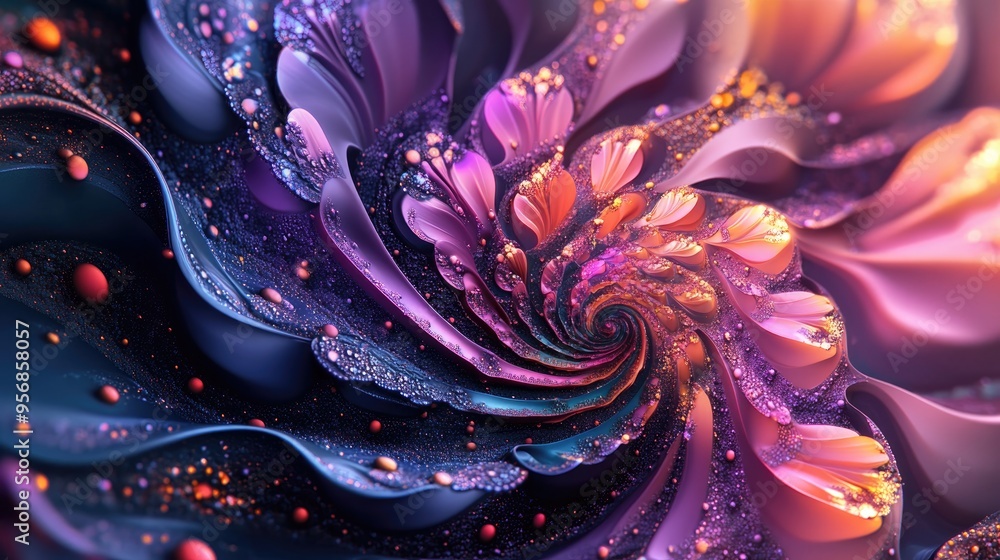 Aufkleber Abstract fractal patterns and shapes rendered in 3D cartoon style Dynamic natural forms with flowers and spirals Enigmatic psychedelic relaxation design
