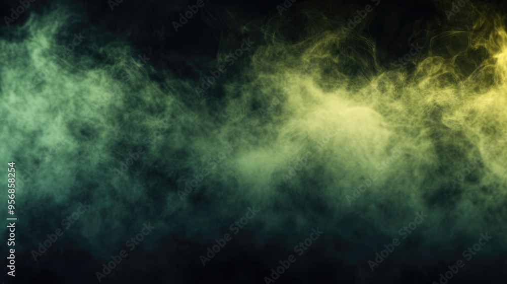 Poster abstract blur of green and yellow fog mist or smog swirling on a black background in this 3d cartoon