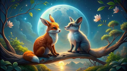 A vibrant, whimsical illustration depicts two endearing animals, a rabbit and a fox, sitting together on a moonlit branch, symbolizing heartfelt companionship and loyalty.