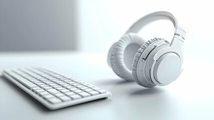 Headset and keyboard with Stay Connected text isolated on white background concept as Camera movement Focus on the headset and keyboard emphasizing the connectivity message. Scene Clean professional s