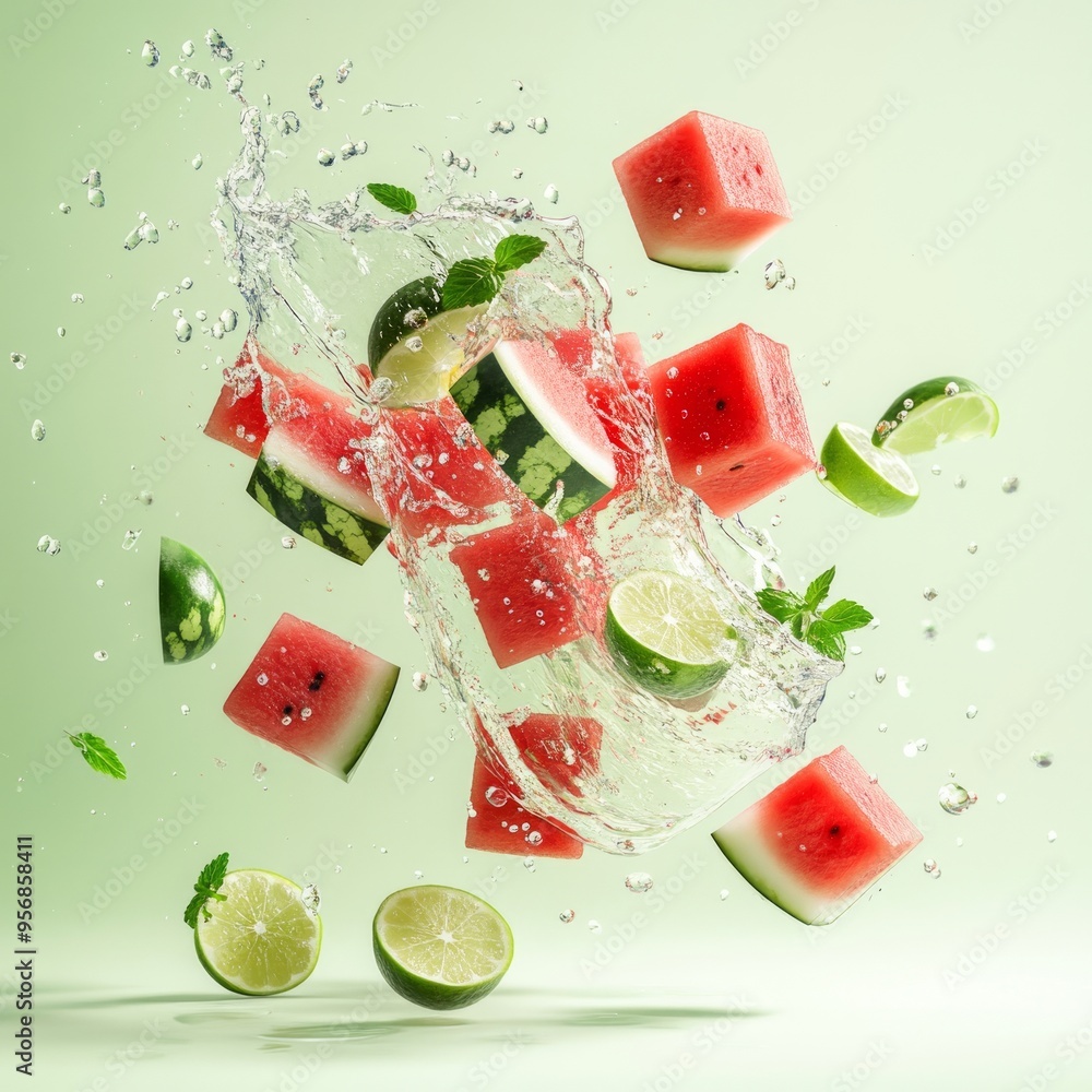 Canvas Prints Watermelon and lime slices splash in mid-air with water droplets on a green background.