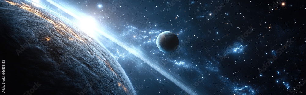 Poster stars of a planet and galaxy in free space featuring 3d cartoon rendering