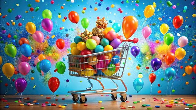 A vibrant colors illustration of a bright smiling shopping cart overflowing with diverse products, surrounded by confetti and balloons, conveying excitement and joy.