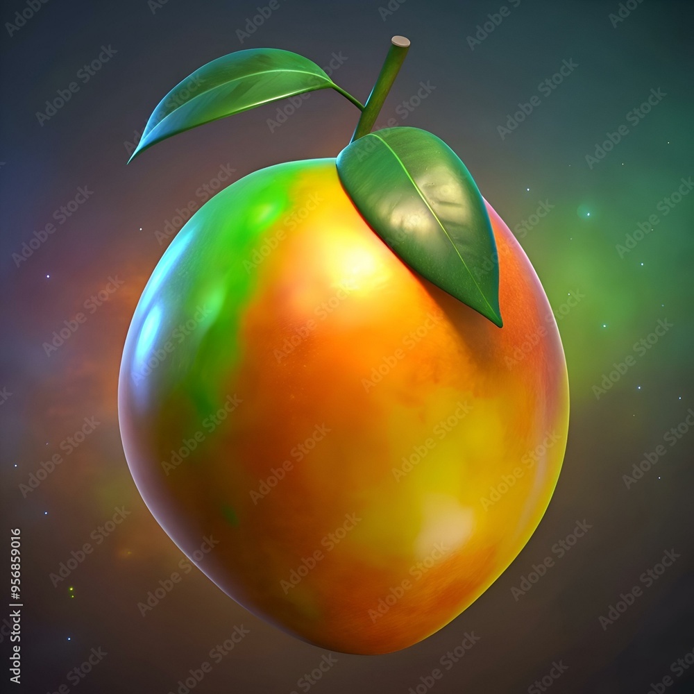 Aufkleber a vibrant. glossy mango with a single leaf. rendered in 3d against a soft. cosmic backdrop.