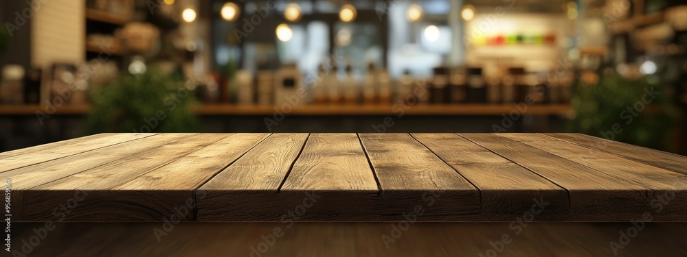 Poster 3d rendering of an empty wooden table in front of an abstract blurred coffee shop background suitabl