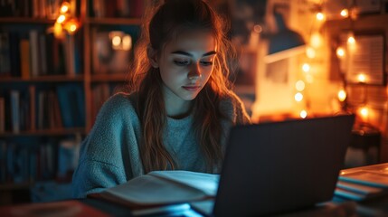 A young woman studies late at night in her dorm room, books and notes spread across her desk, her face lit by the glow of a laptop