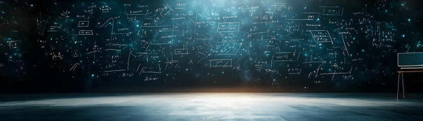 Holographic Chalkboard with Floating Equations concept as A holographic chalkboard with glowing floating mathematical equations representing virtual math education with ample copy space on a white bac