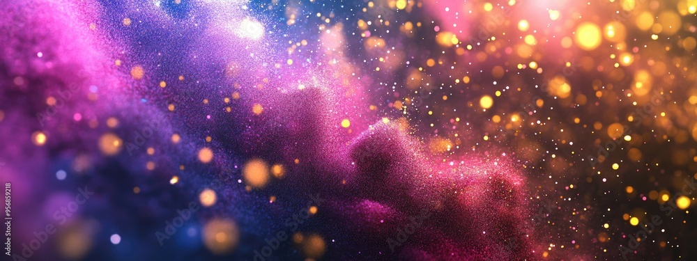 Fototapete Abstract powder splatted background in 3D cartoon rendering featuring freeze motion of color powder exploding and multicolored glitter texture on a dark backdrop