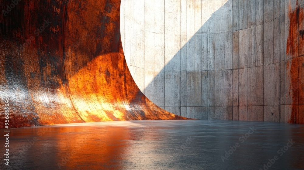 Poster 3d rendering of an empty abstract room interior featuring rusted metal sheets and an illuminated arc
