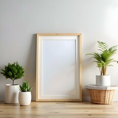 A minimalist mockup featuring a blank canvas in a natural wooden frame. set against a white wall with potted plants.
