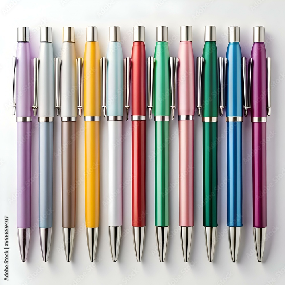 Poster a row of ten colorful pens. each in a different vibrant hue. arranged in a neat line on a white back