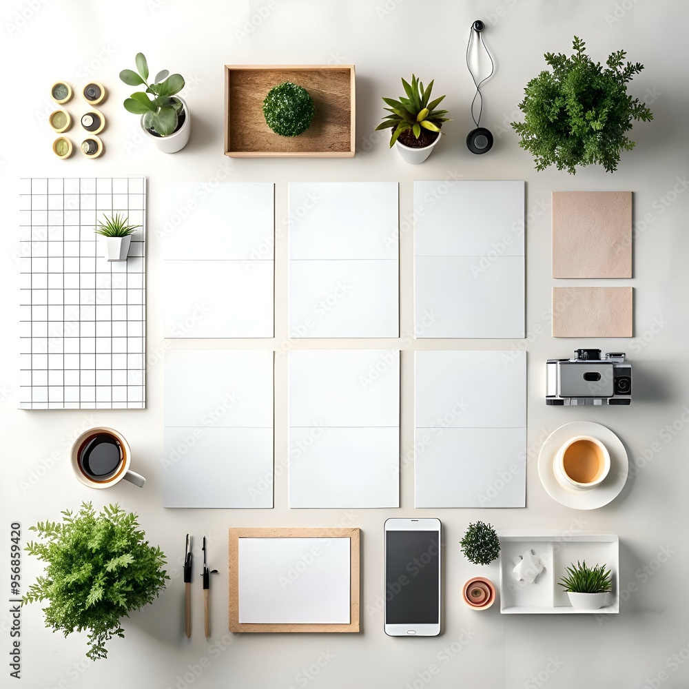 Poster clean and minimalist flat lay mockup featuring a set of blank stationery items and small plants. per