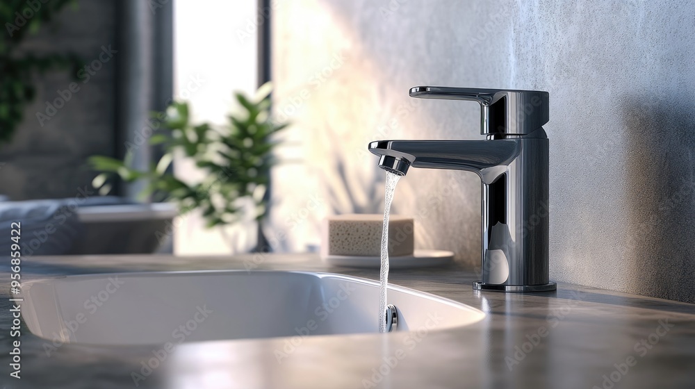 Aufkleber 3d rendering of a faucet with a water drop in a bathroom setting featuring ample copy space