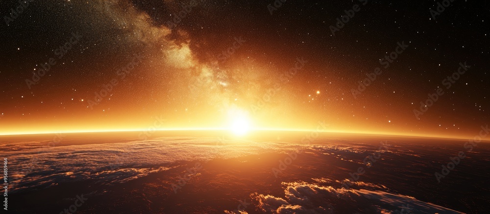 Poster landscape featuring a view from space with the milky way galaxy at sunrise rendered in 3d cartoon st