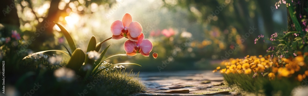 Poster 3d rendering of an orchid in a garden setting
