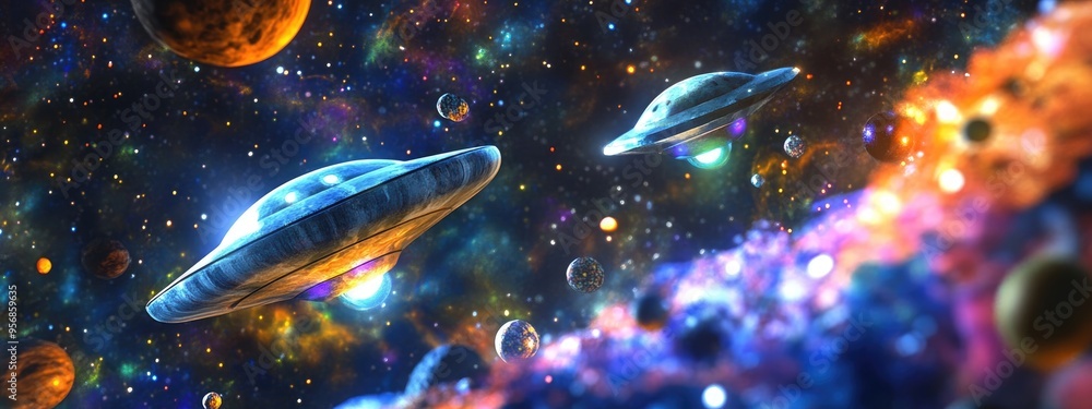 Poster cartoonish colorful 3d rendering of a funny alien ufo scene in the cosmos designed for children