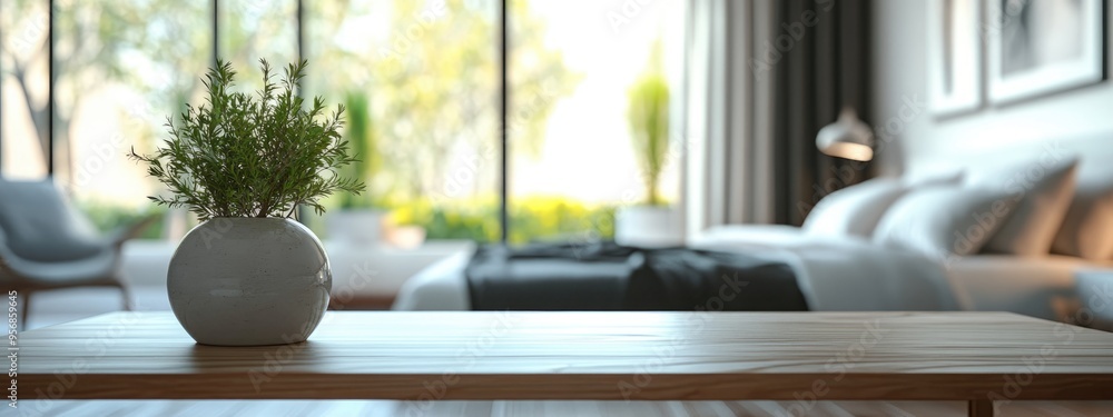 Poster 3d rendering of a tabletop with a blurred background in a bedroom