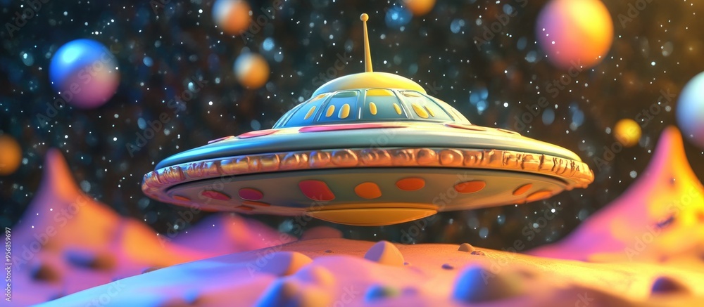 Aufkleber cartoonish and vibrant 3d rendering of a humorous cosmic scene featuring an alien ufo spacecraft des