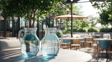 3D rendering of jugs filled with drinking water on tables in a budget friendly rooftop restaurant