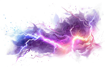 dynamic  of a lightning strike with vivid electric arcs and a stark white background.
