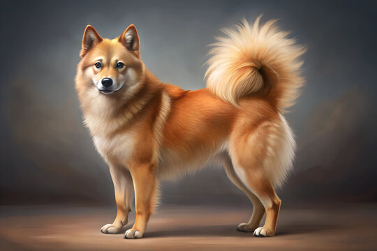 Illustration of Digital Painting of Finnish Spitz standing, full body