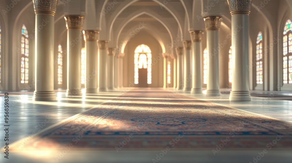 Poster 3d rendering of defocused mosque interior with pillars and windows ideal for diverse backdrop applic