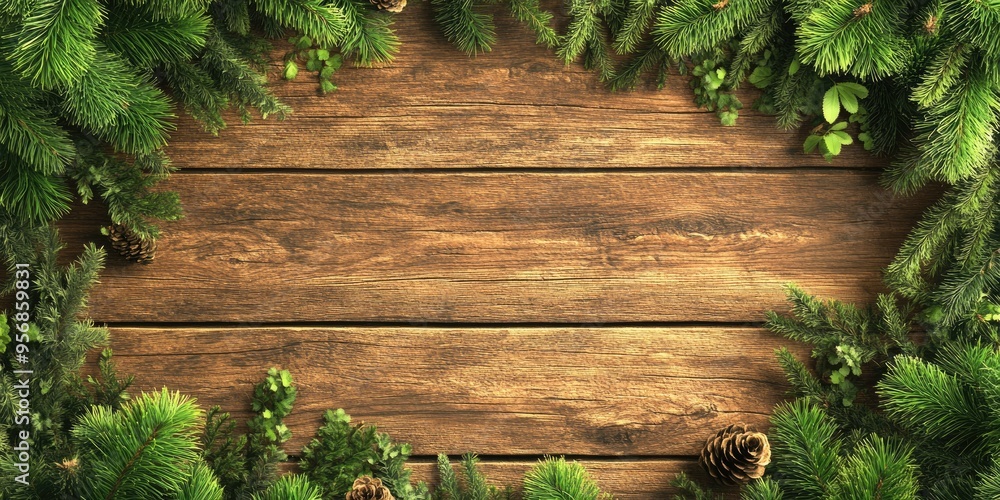 Poster 3d rendering of an old wooden surface adorned with spruce leaves for summer product display concepts