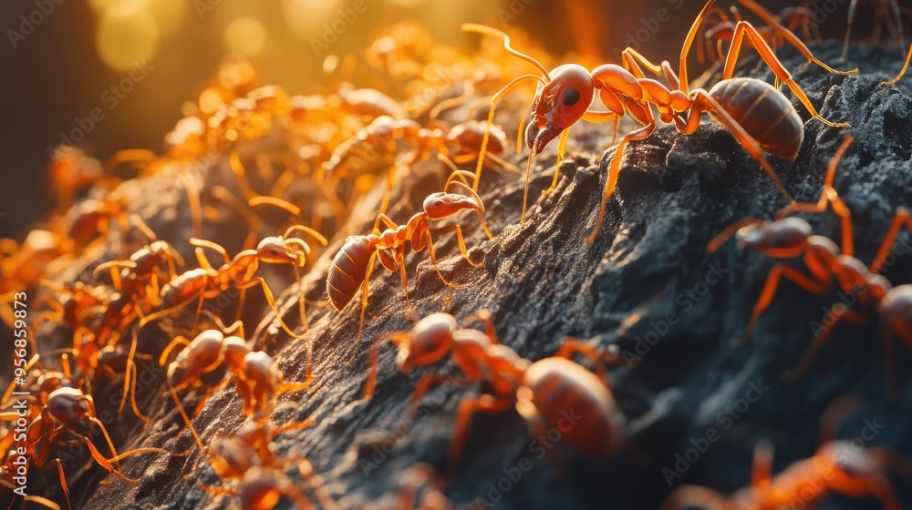 Poster detailed shot of a colony of ants working together, with a focus on their intricate textures and tea