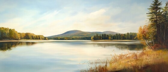 Oil painting depicting a serene lakeside view with calm waters and surrounding landscape