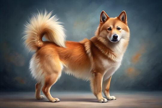 Illustration of Digital Painting of Finnish Spitz standing, full body