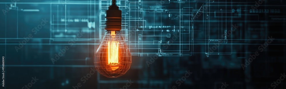 Poster 3d rendering of a blueprint lamp light holder isolated on a dark background