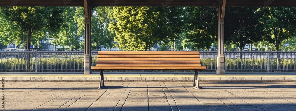 Poster 3d rendering of a bench at a train station