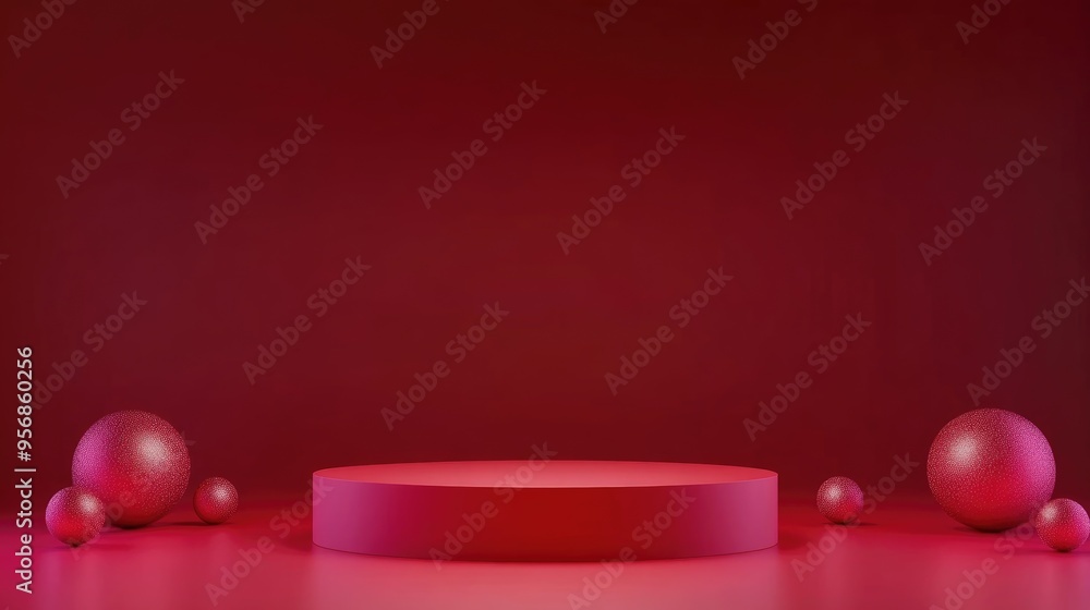 Poster 3d rendering of an empty red podium for minimal product presentation featuring a cosmetics stand wit
