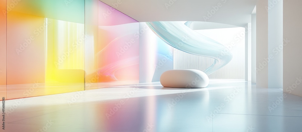 Poster abstract dynamic interior featuring smooth white objects colorful glass lines and a polished floor 3