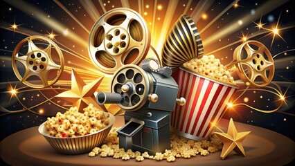 A vintage-style illustration of a classic film camera, clapboard, and popcorn bucket surrounded by ornate golden stars and swirls, evoking nostalgia for the silver screen.