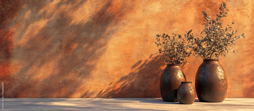 Poster 3d rendering of walls adorned with decorative vases