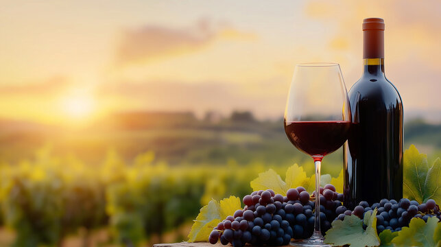 ottle and glass of red wine are standing on a table with grapes in a vineyard during sunset. The warm light of the setting sun illuminates the scene, creating a cozy and inviting atmosphere.