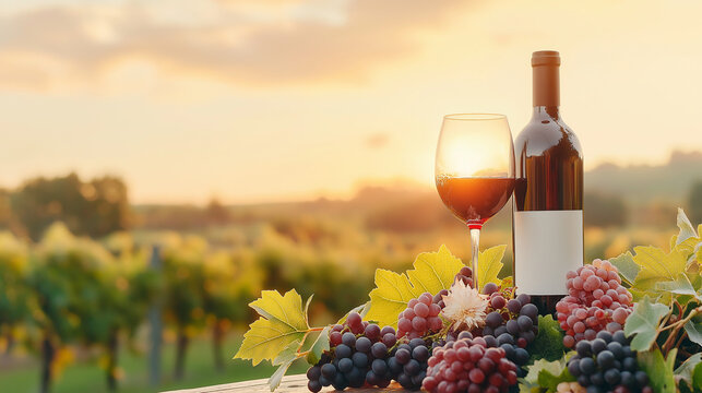 ottle and glass of red wine are standing on a table with grapes in a vineyard during sunset. The warm light of the setting sun illuminates the scene, creating a cozy and inviting atmosphere.
