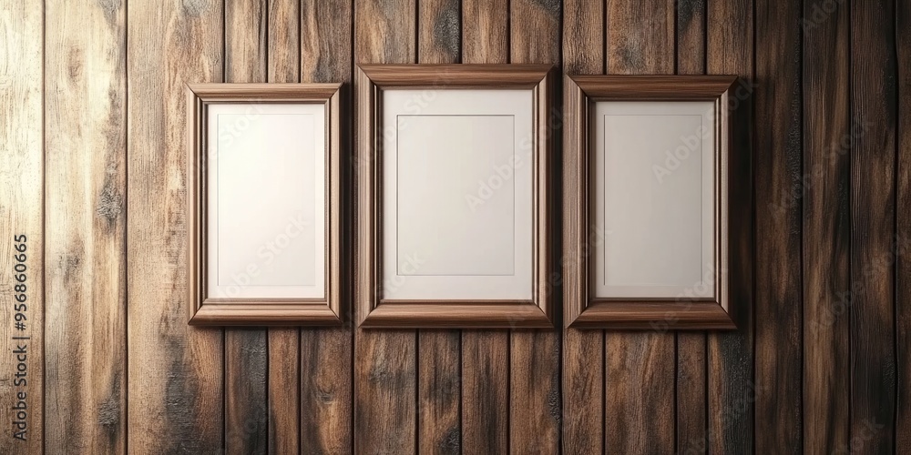 Poster 3d rendering of a photo frame set against a wooden background