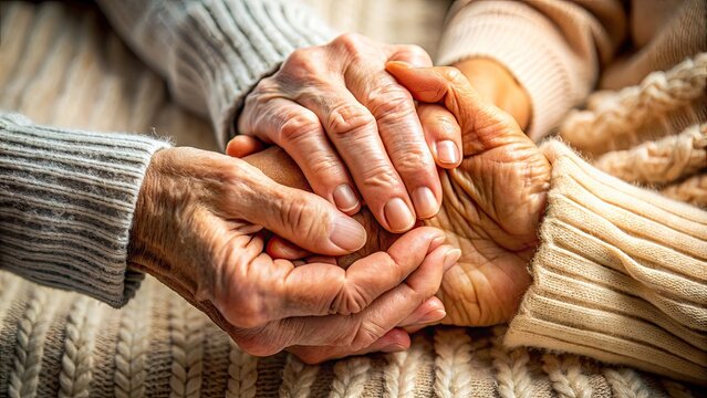 A warm and gentle grasp, soft fingers intertwined, a reassuring connection, warmth and comfort radiate from this tender moment of human physical affection.